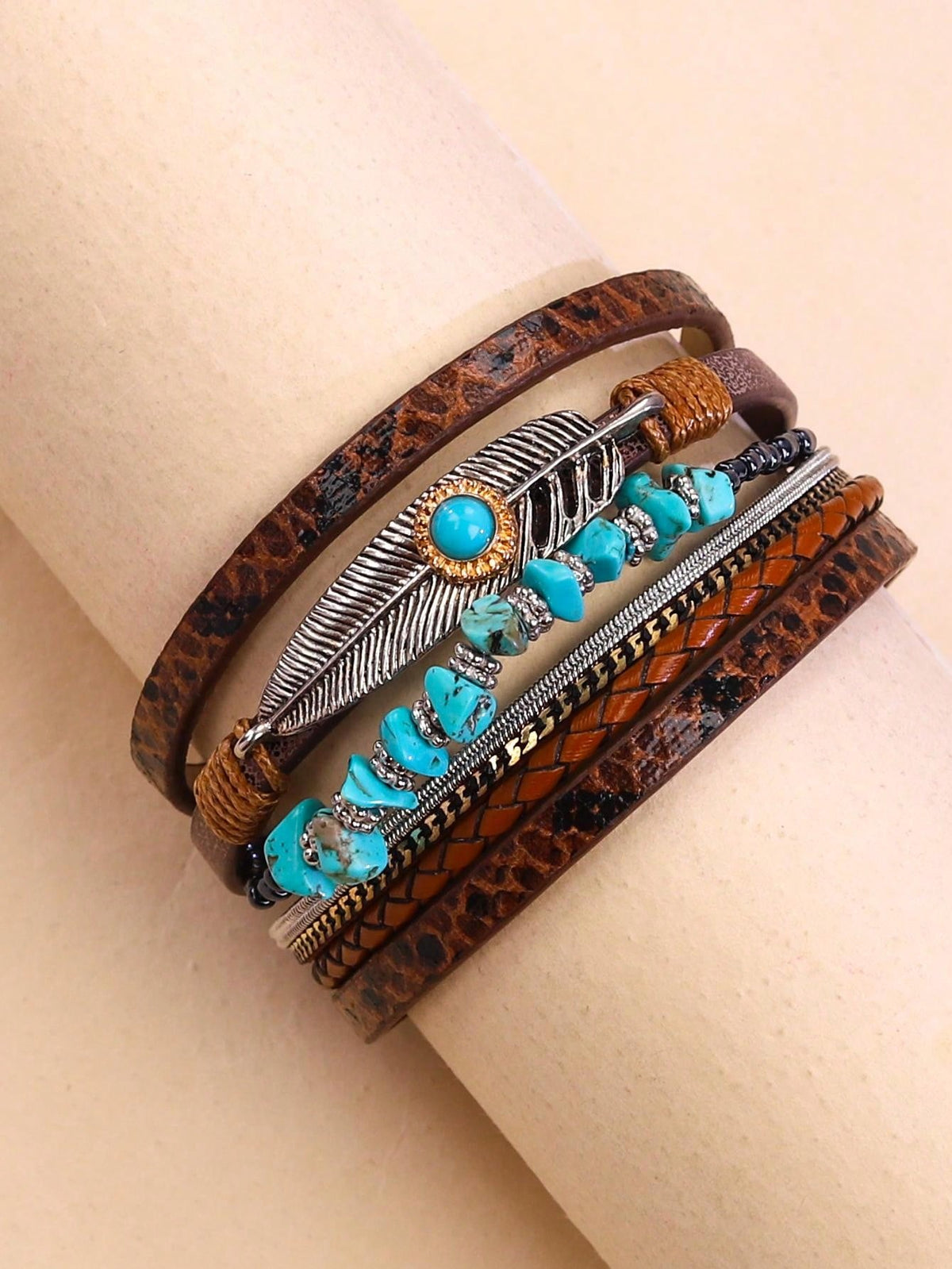 Feather Woven Leather Bracelet, Vintage Bohemian Green Turquoise Stone Magnetic Clasp Bracelet