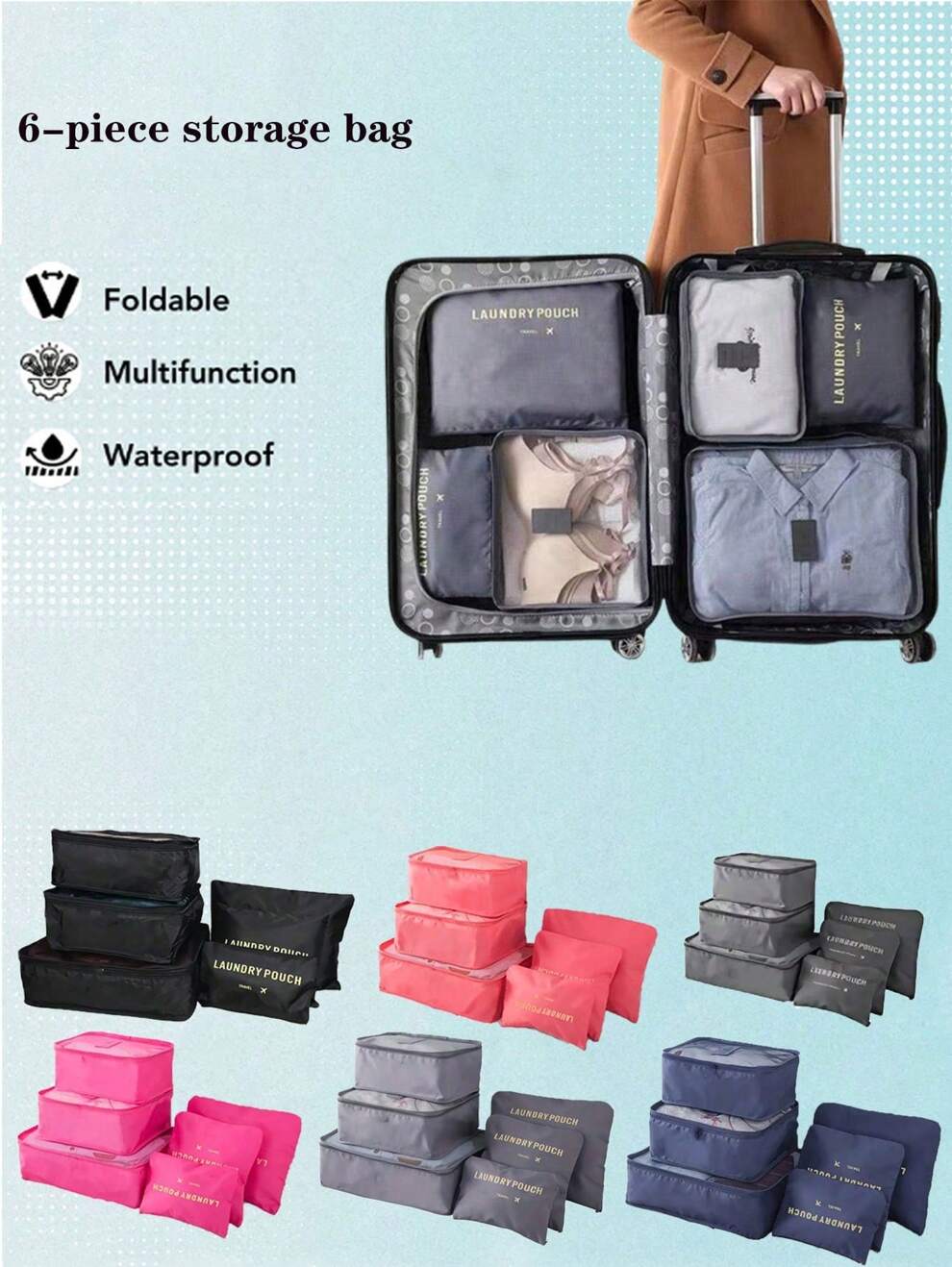 6pcs Travel Packing Organizer Set, Multifunctional Storage Bags, Portable Packing Cubes, Luggage Organizer, Wardrobe Divider, Space Saver, For Home And Travel Use