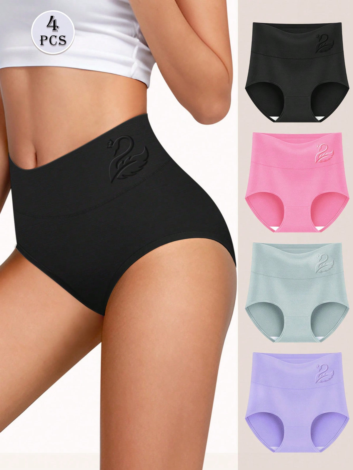 4pcs Women's High Waist Cotton Underwear, Abdomen Control, Comfortable Fit, Breathable Solid Color Triangle Panties