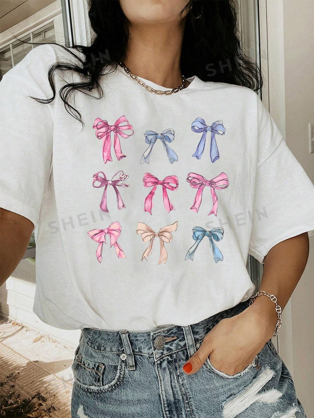 SHEIN Essnce Summer Bow Printed Round Neck T-Shirt