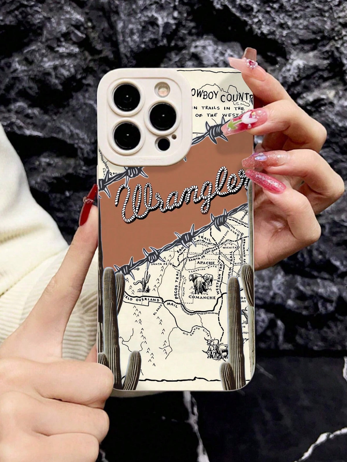 1pc Western Map & Cactus Pattern White Iris Full Coverage Shockproof Anti-Fingerprint Phone Case Compatible With IPhone