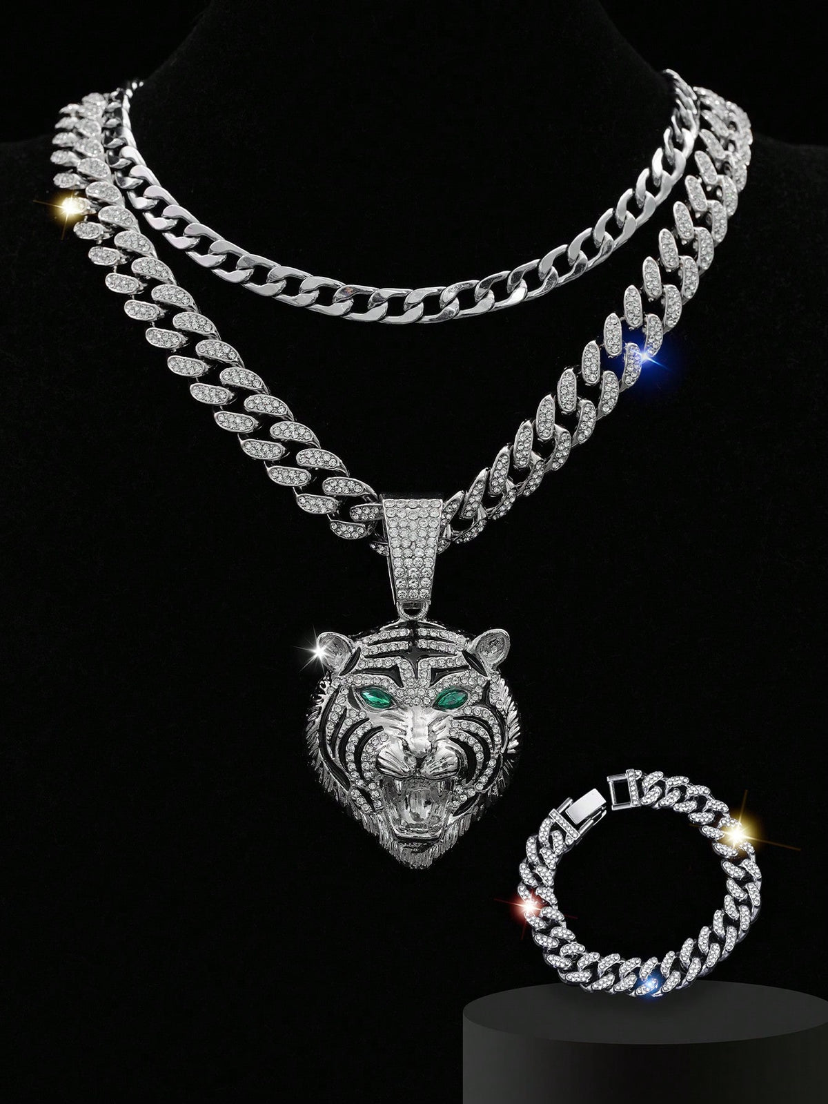 3pcs/Set Green-Eyed Tiger Shaped Hip-Hop Style Pendant Necklaces For Men