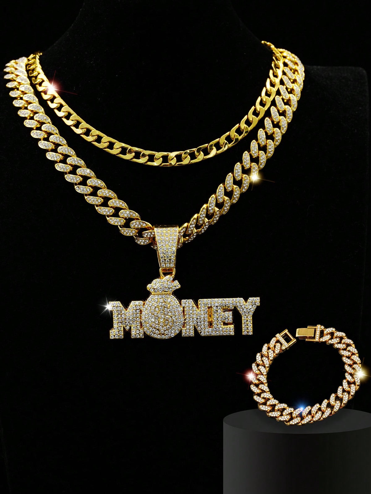 3pcs/Set Money Pouch Pendant, Punk US Dollar Necklace & Shiny Bracelet Set For Men