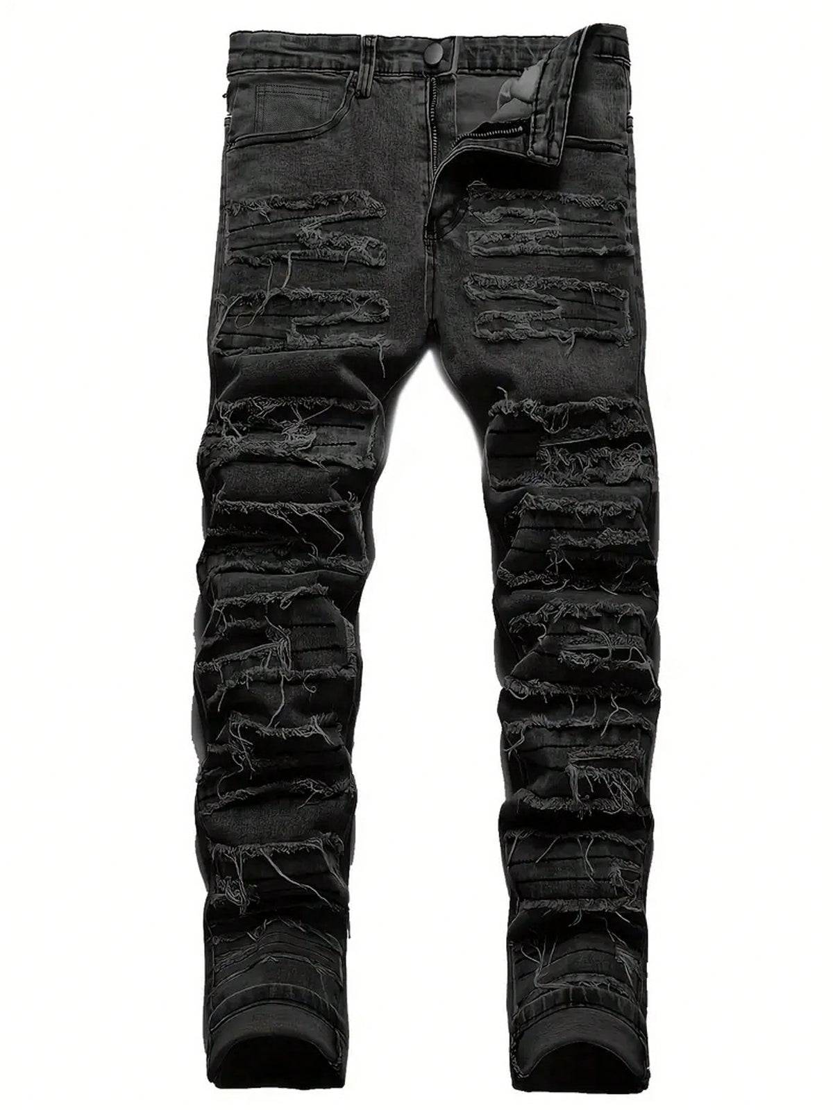 Men's Fashionable Black Raw Trim Slim-Fit Jeans