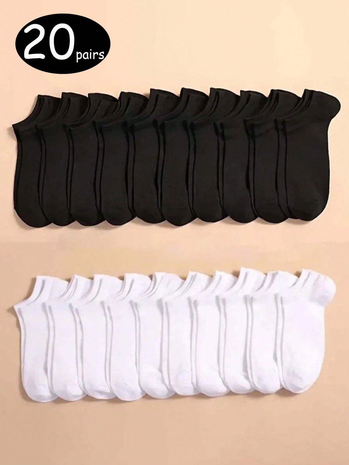 20pairs Women''s Breathable Thin Solid Black & White Ankle Socks, Spring/Summer