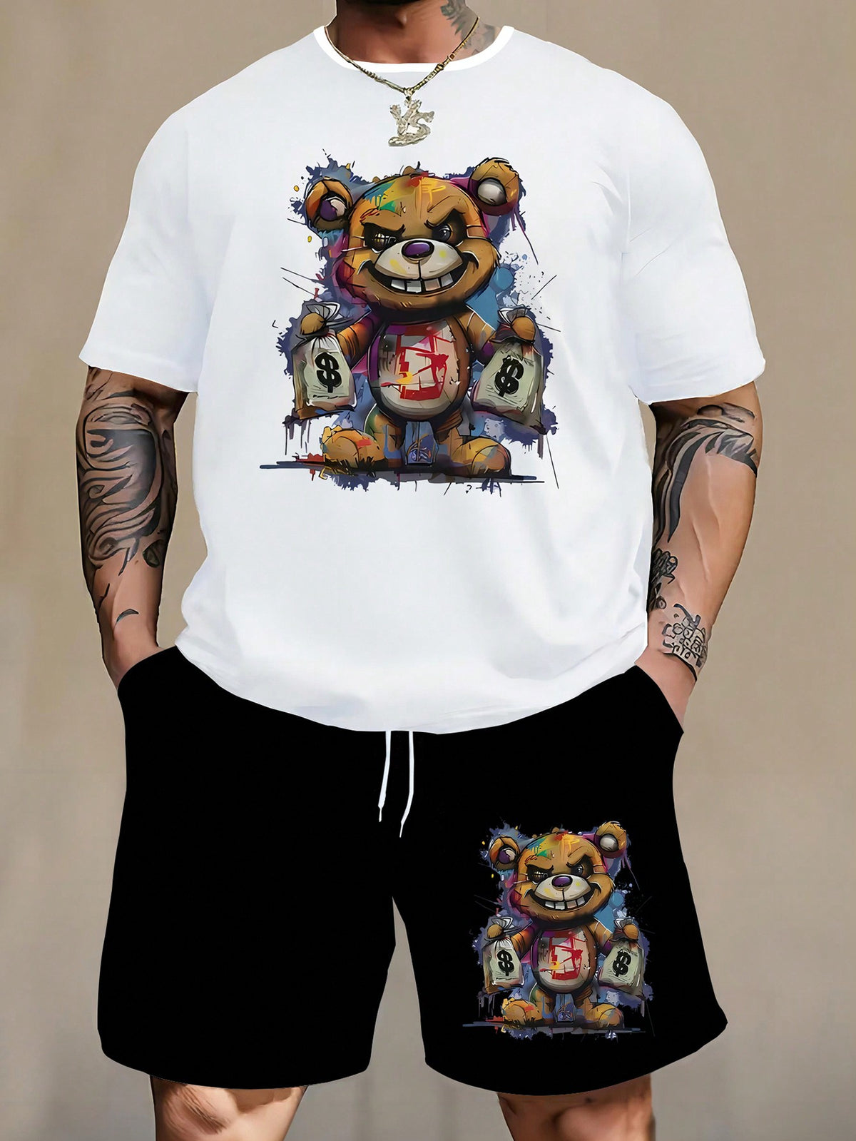 Men's Plus Size Bear Printed T-Shirt Set