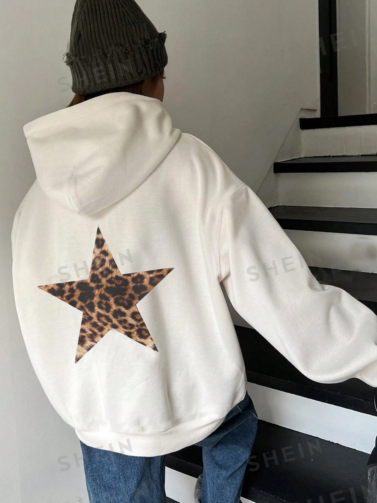 SHEIN EZwear Leopard Print & Star Design Hoodie