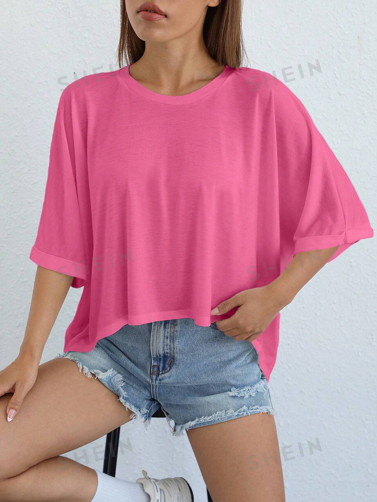 SHEIN EZwear Knitted Women's Summer Solid Color Round Neck Batwing Sleeve Irregular Hem T-Shirt