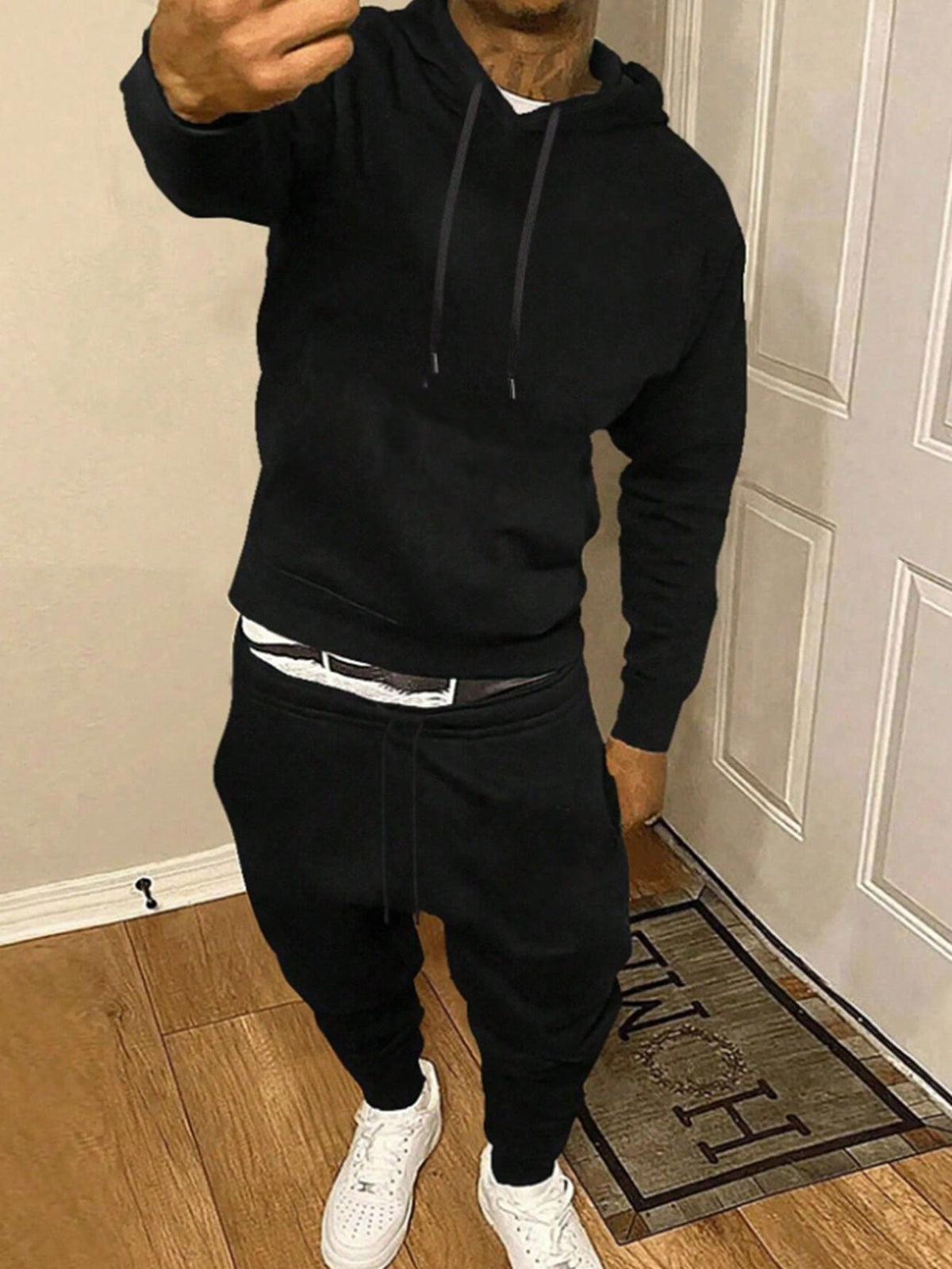 Men's Solid Color Hooded Sweatshirt And Sweatpants Set With Drawstring