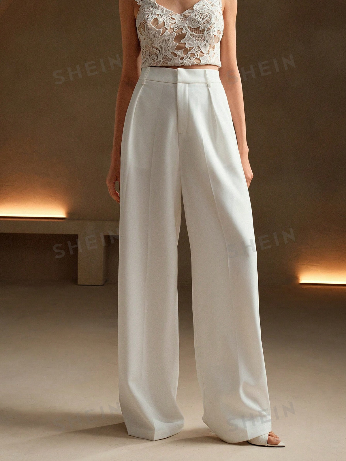 Anewsta Casual Straight High Waist Solid Color Trousers