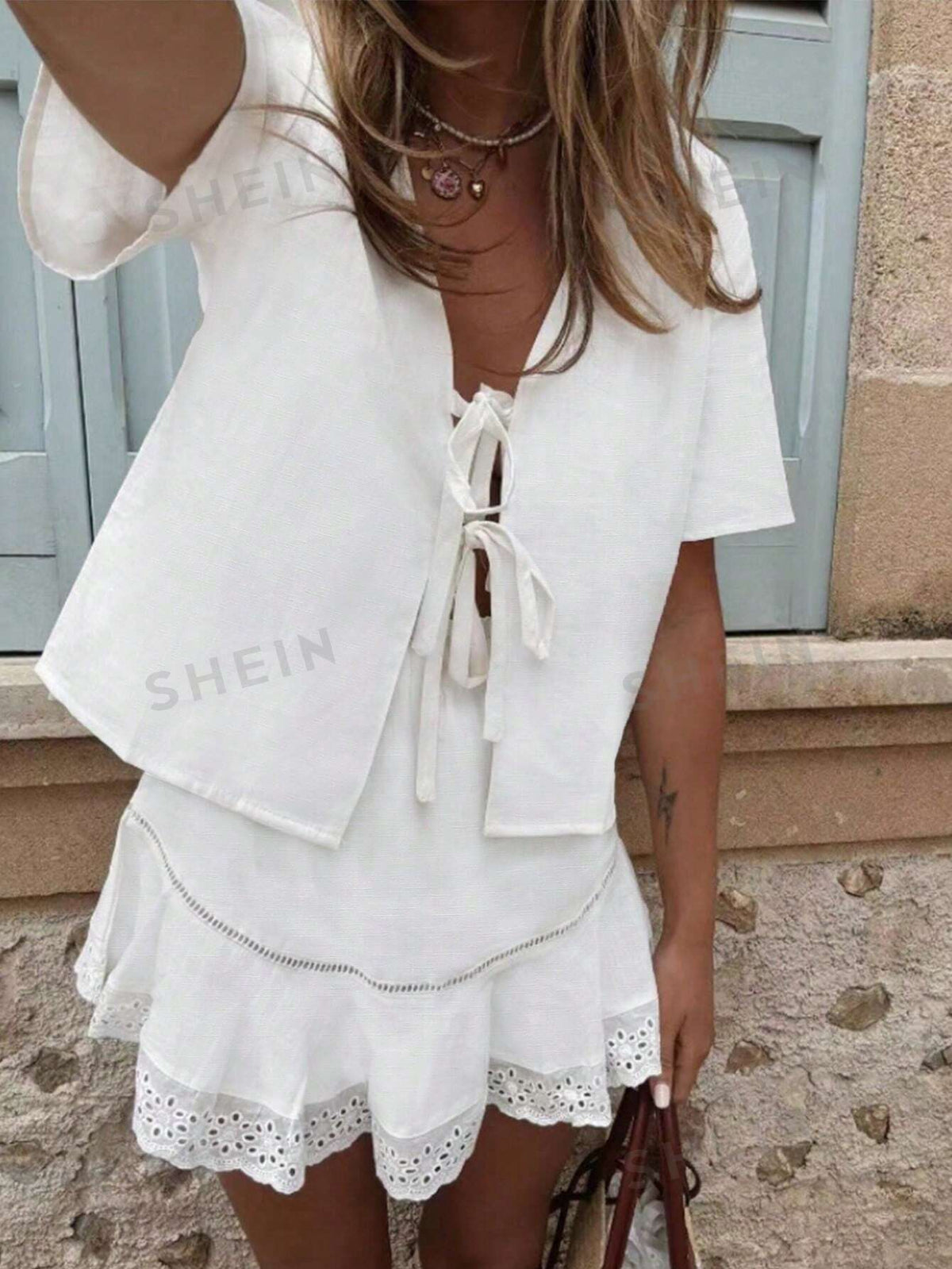 SHEIN LUNE Tie Front Top & Contrast Lace Ruffle Hem Skirt