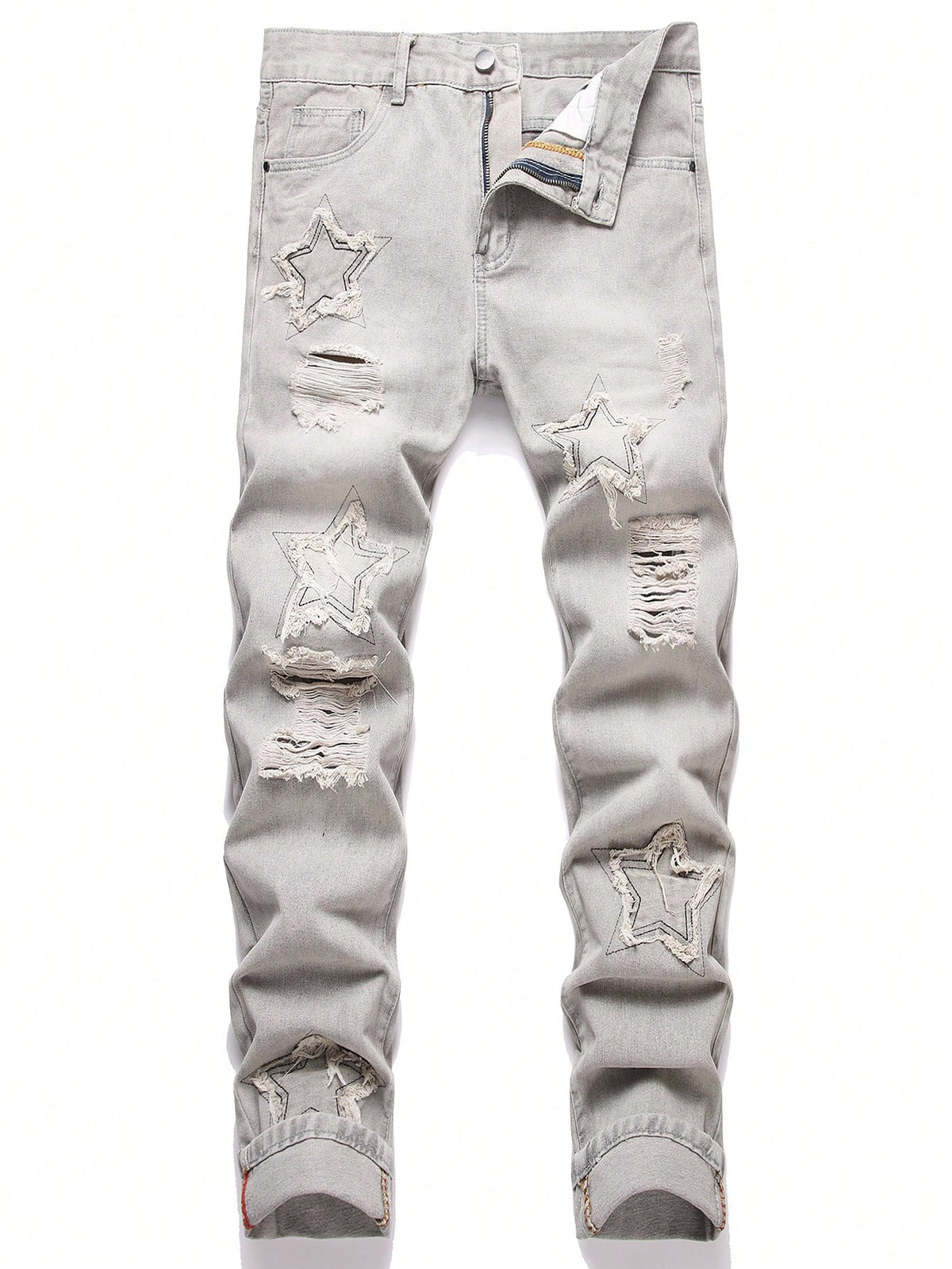 Men's Straight Leg Jeans With Distressed Details And Star Patches