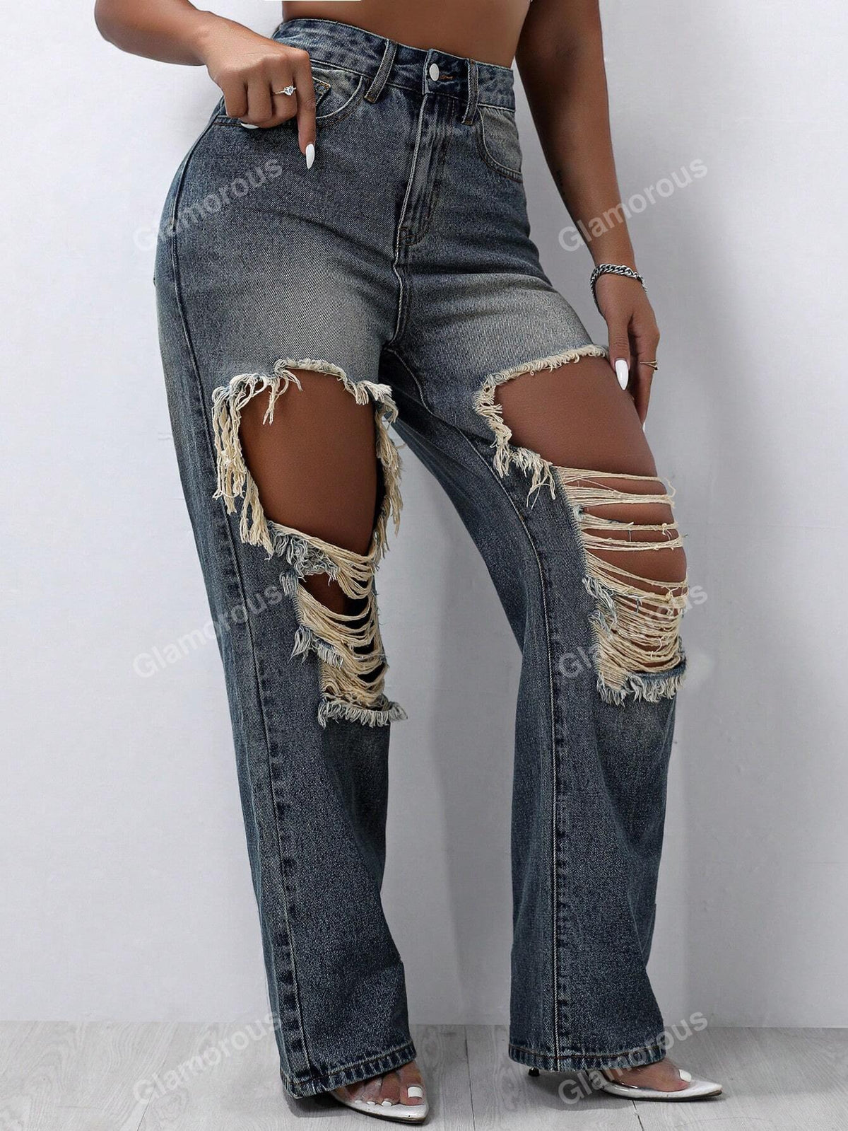 Street High Waist Slant Pocket Ripped Straight Leg Jeans