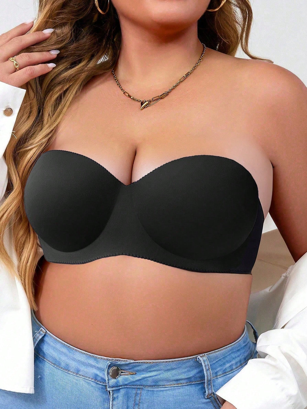 Women's Black Strapless Bra, Push-Up, Anti-Slip, Backless, Side Boning, Prevent Sagging, Invisible Bra, Special For Wedding Dresses, Plus Size