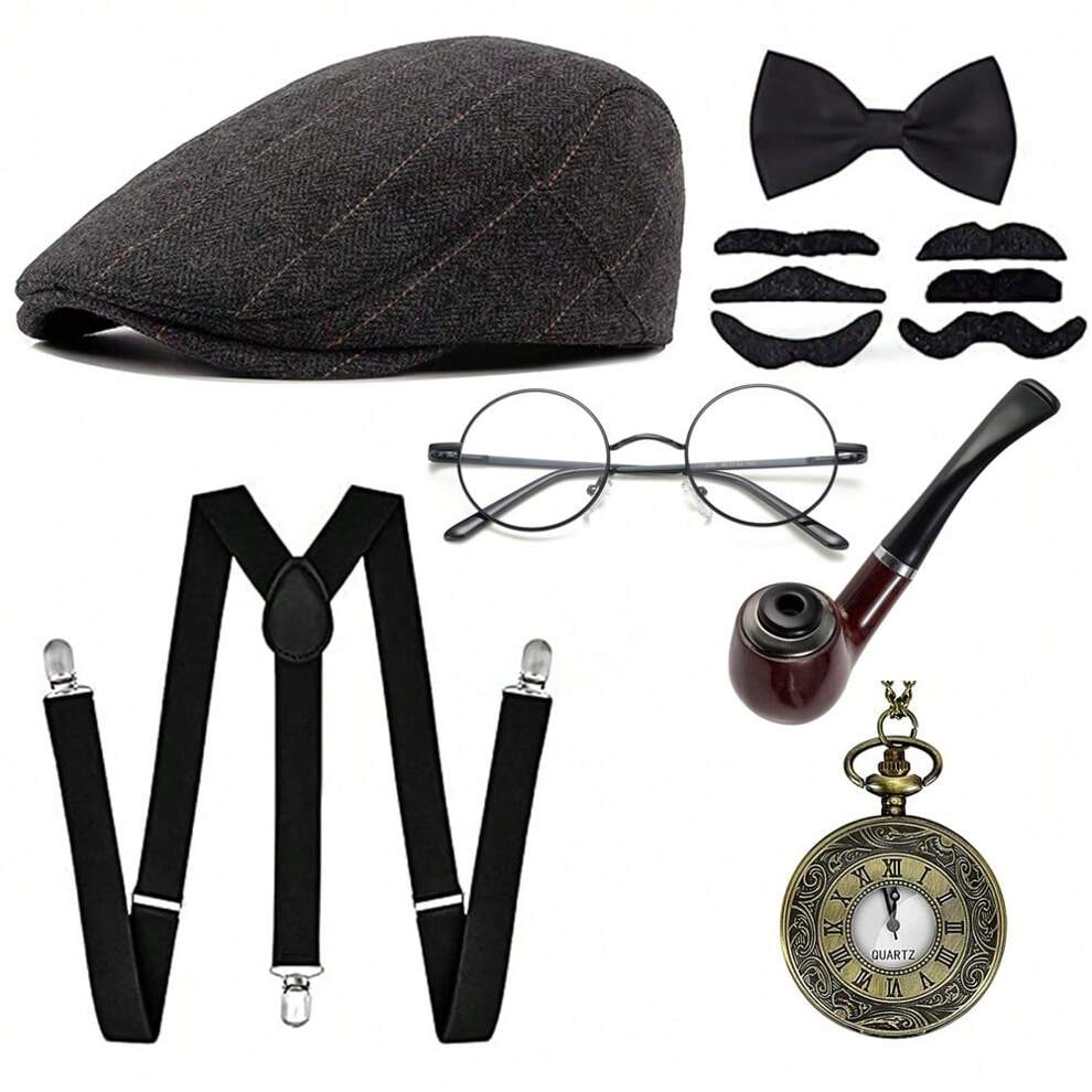 7pcs Mens' 1920s Accessories Set Great Gatsby Accessories Set Beret Hat Set For Cosplay 1920s Themed Party