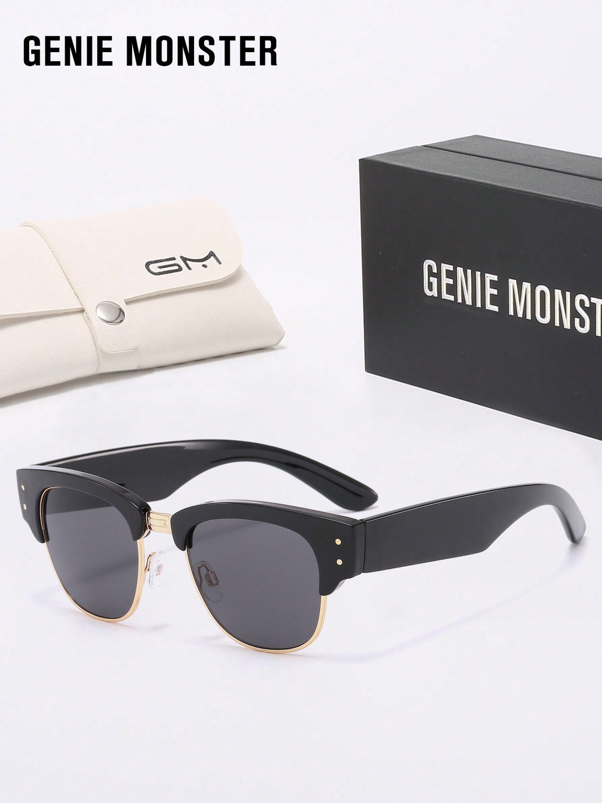 1pc Genie Monster Classic Black Half-Frame Casual Sunglasses, Trendy All-Season Beach Surfing Vacation Eyewear For Men