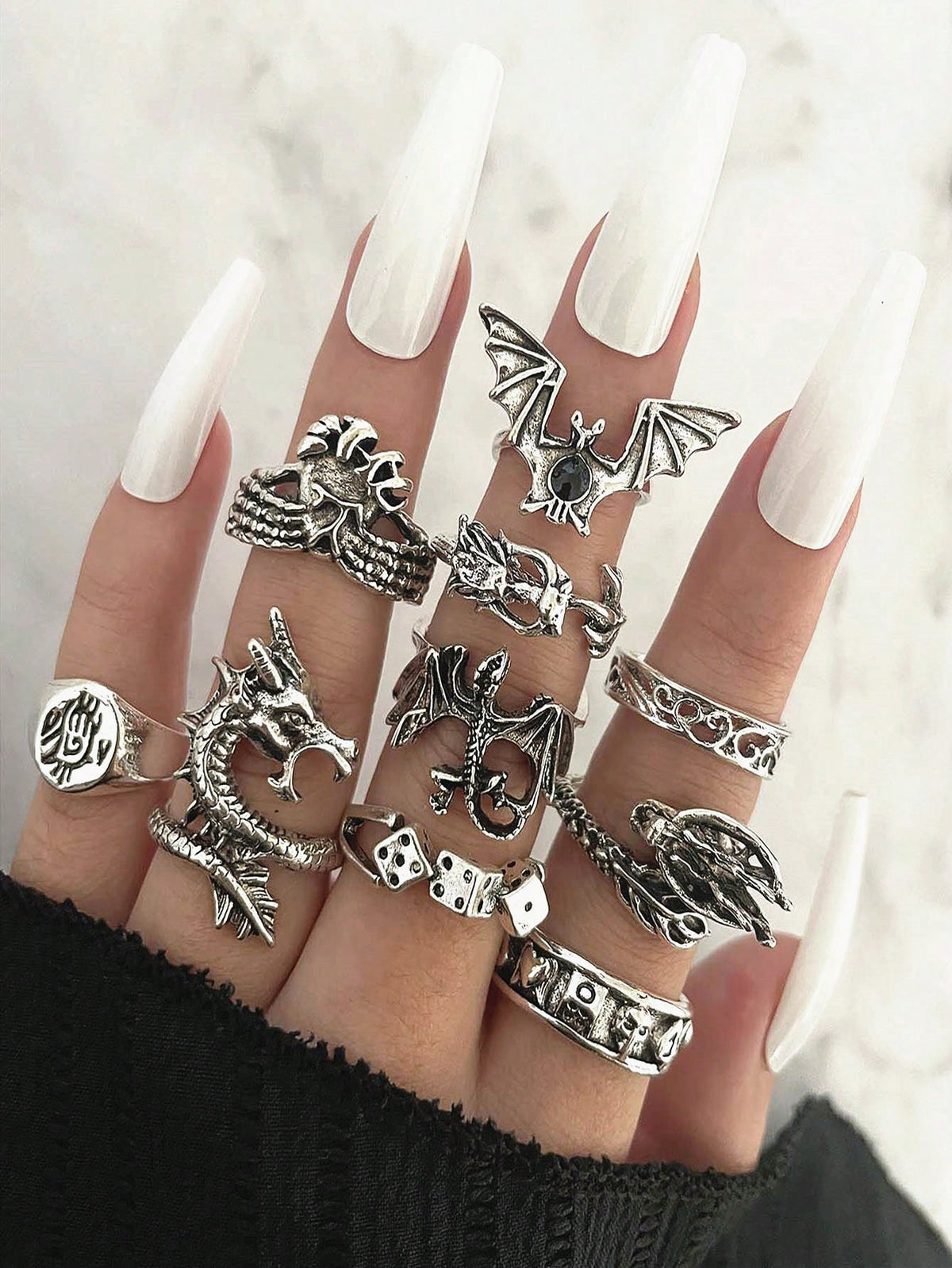 10pcs/Set Punk Style Dragon, Bat, Dice, Heart Shaped Rings Set For Men & Women Daily Wear