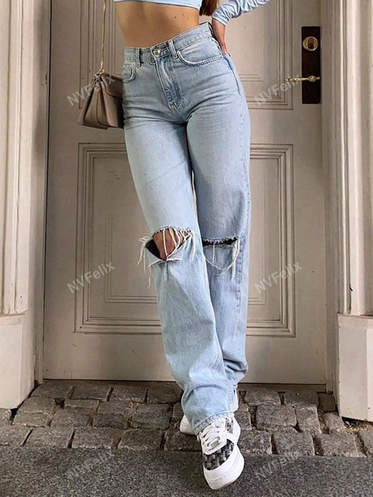 Casual American Style Distressed Washed Straight Leg Jeans