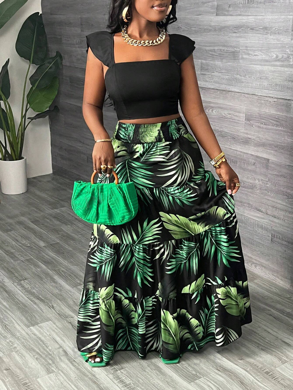 SHEIN Slayr Vacation Black Bishop Sleeve Top And Tropical Leaf Print Midi Skirt Set