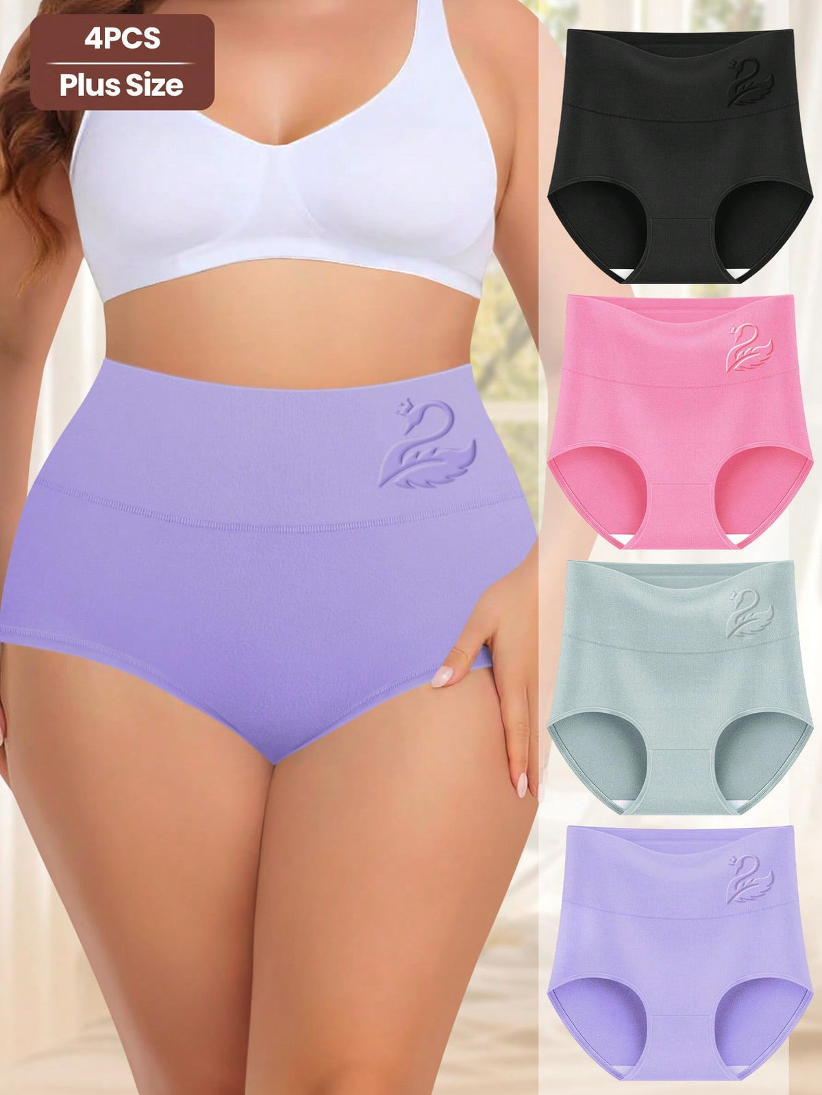 4pcs/Pack Plus Size Women's Cotton High Waist Tummy Control Soft Triangle Panties, Solid Color