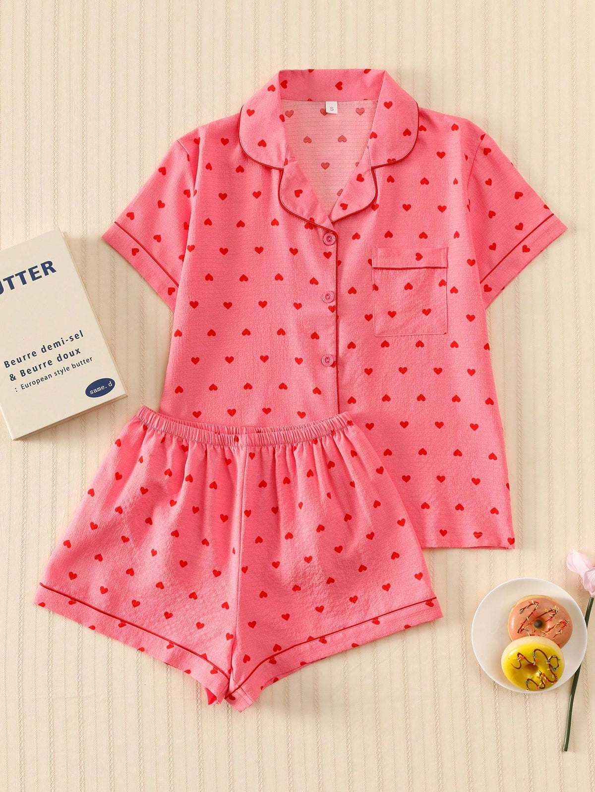 2pcs/Set Women's  Small Heart  Printed Summer Pajama Set, Short Sleeve Button-Down Shirt And Shorts, Casual Loungewear For Summer.