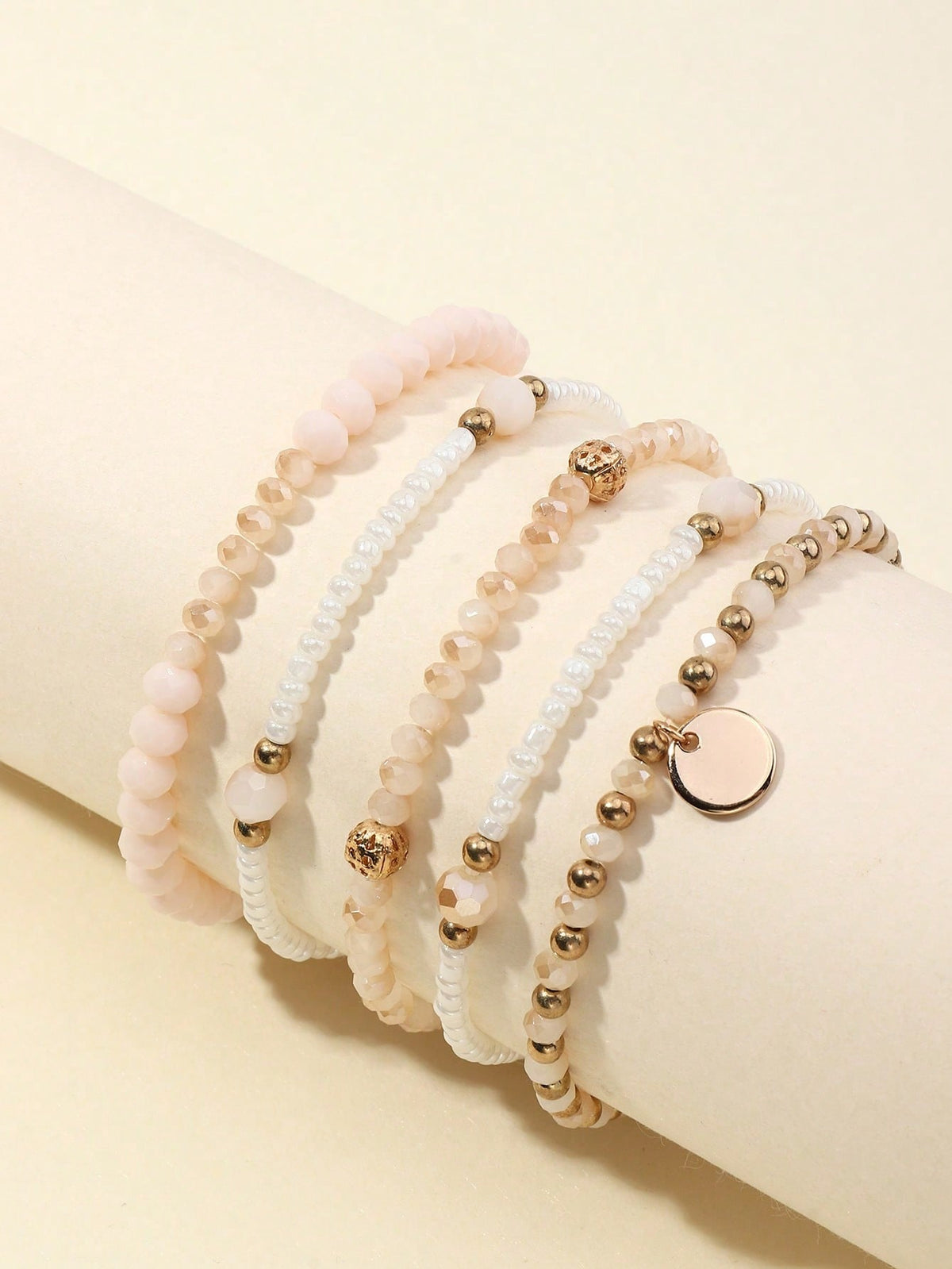 5pcs/Set Fashionable Versatile Rice Beads Disc Charm Stacked Bracelet Suit For Women's Daily Decoration