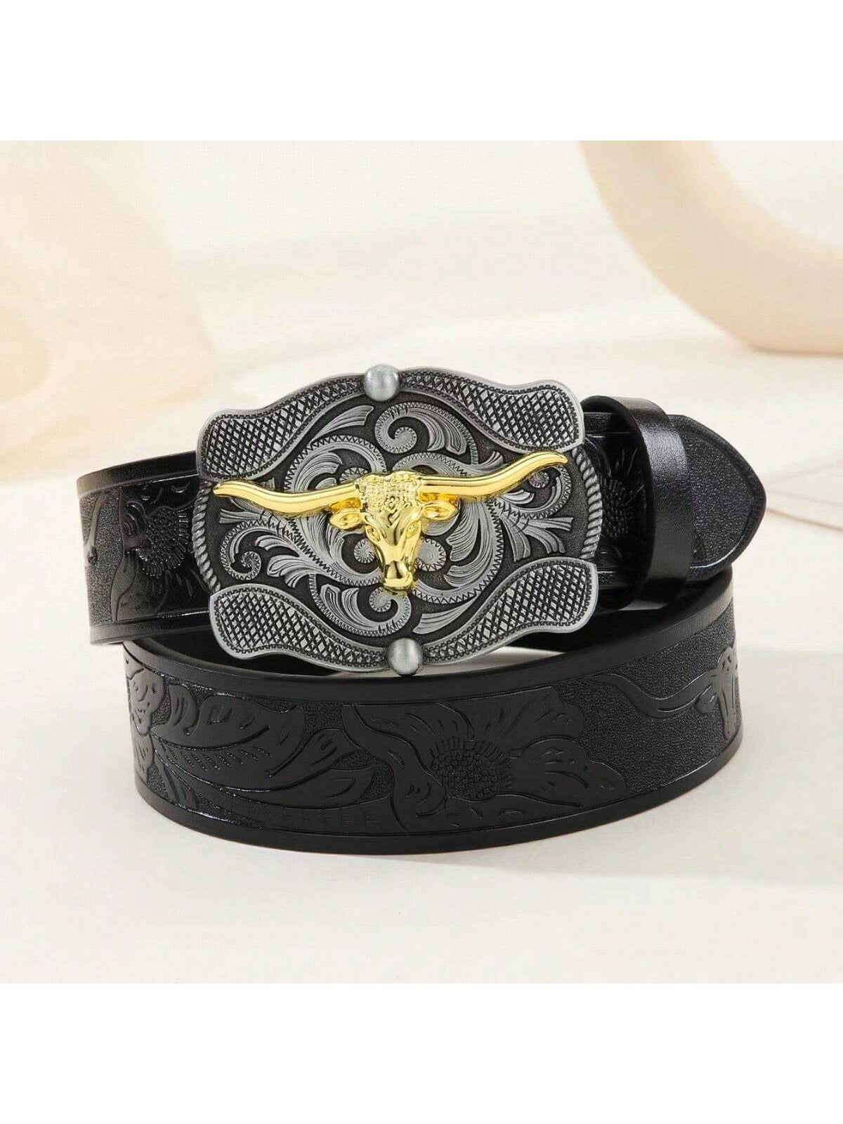 New Western Cowboy Style Bull Design Casual Vintage Boho Streetwear High-End PU Leather Unique Belt For Men, Suitable For Jeans, All Seasons