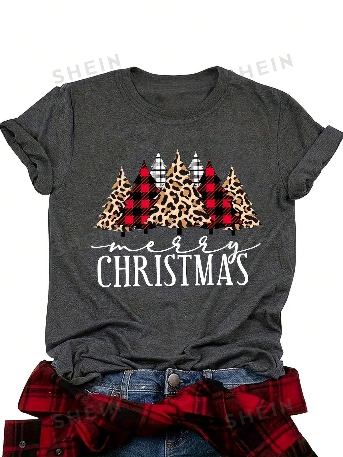 SHEIN LUNE Women's Christmas Tree Print Short Sleeve T-Shirt