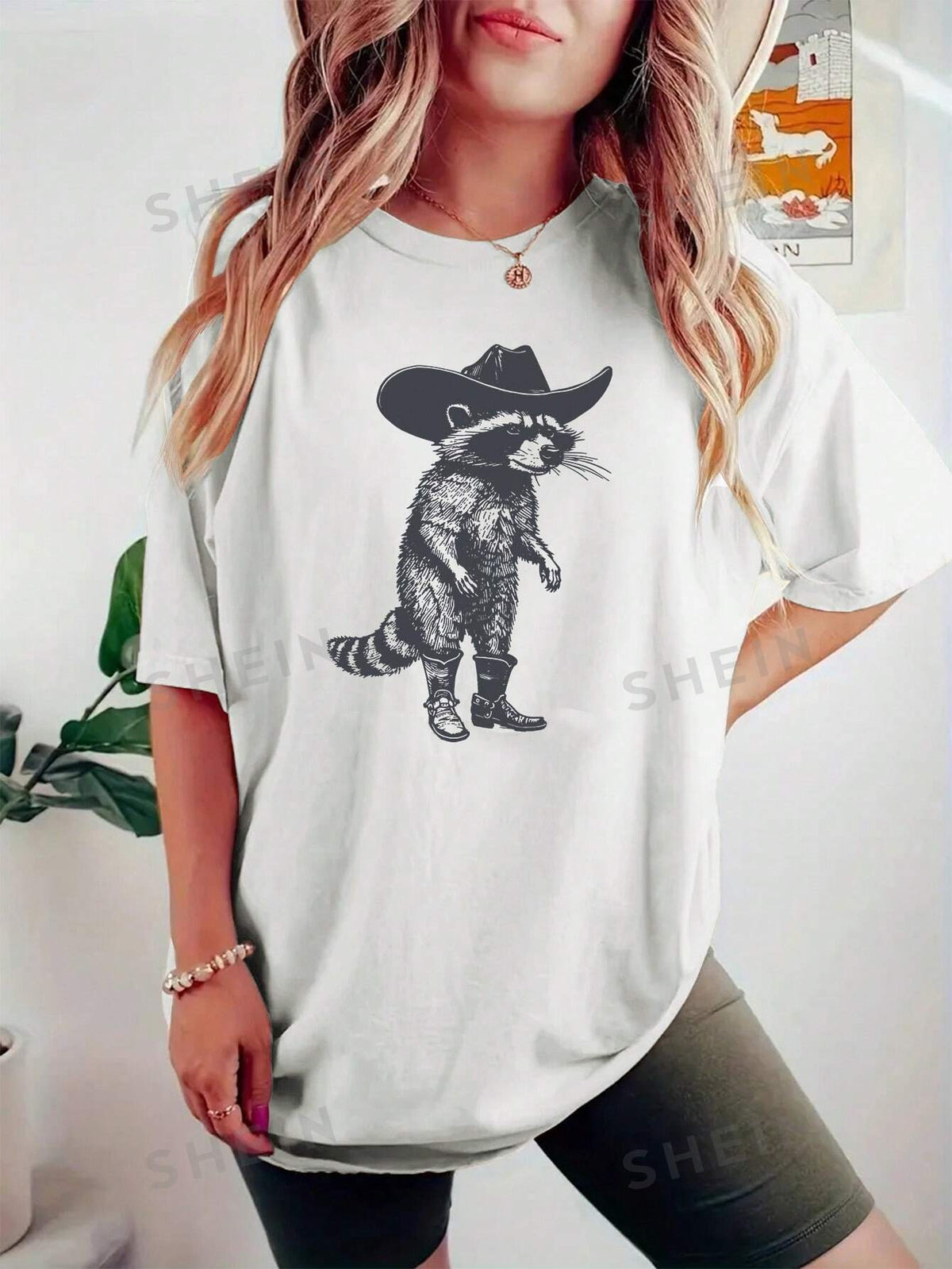 SHEIN EZwear Vintage Denim Raccoon Print Shirt, Funny Western Raccoon Graphic T-Shirt