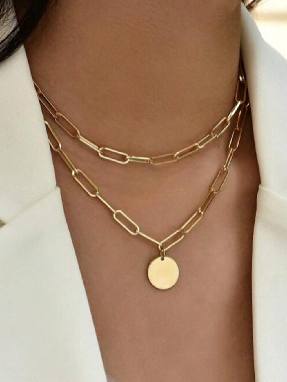 1pc Simple & Fashionable Metal Punk Chain Necklace With Round Pendant And Multiple Layers For Women, Cross-border