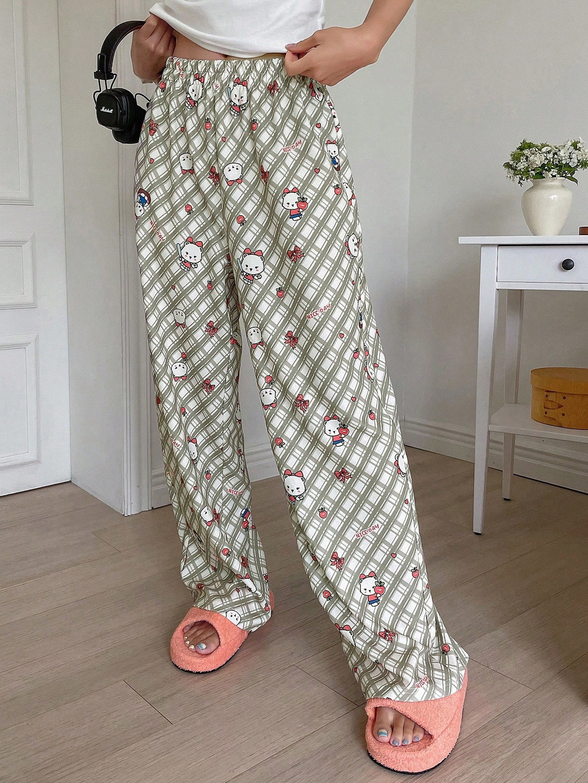 DAZY Women Cute Plaid Cartoon Pattern Printed Pants Loose Pajama Bottoms