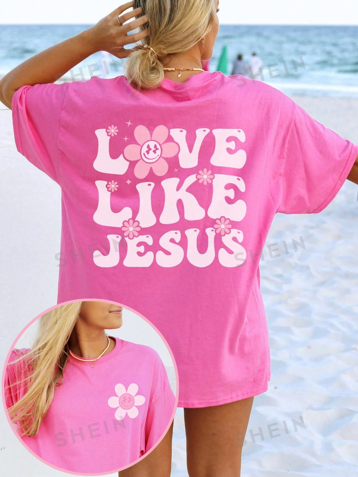 SHEIN EZwear Floral & Slogan Graphic Drop Shoulder Tee For Summer LOVE LIKE JESUS