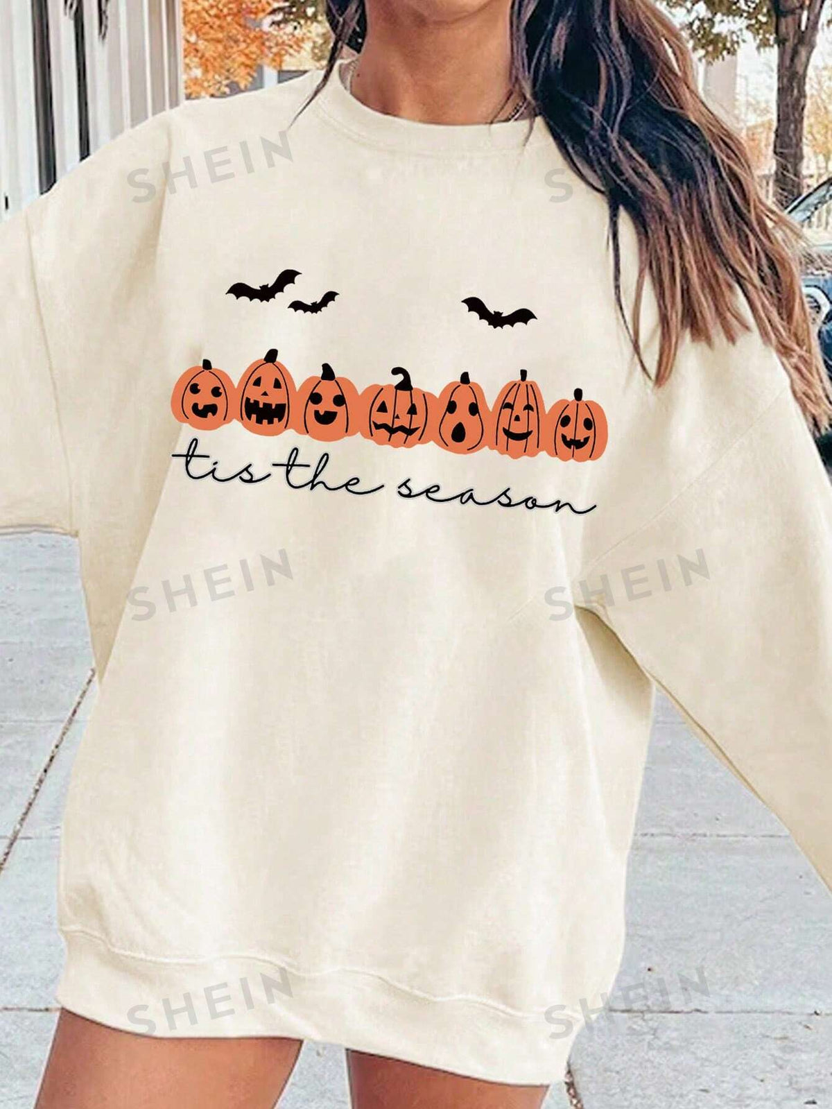 SHEIN Essnce Autumn/Winter Halloween Bat & Pumpkin Graphic Print Sweatshirt For Women