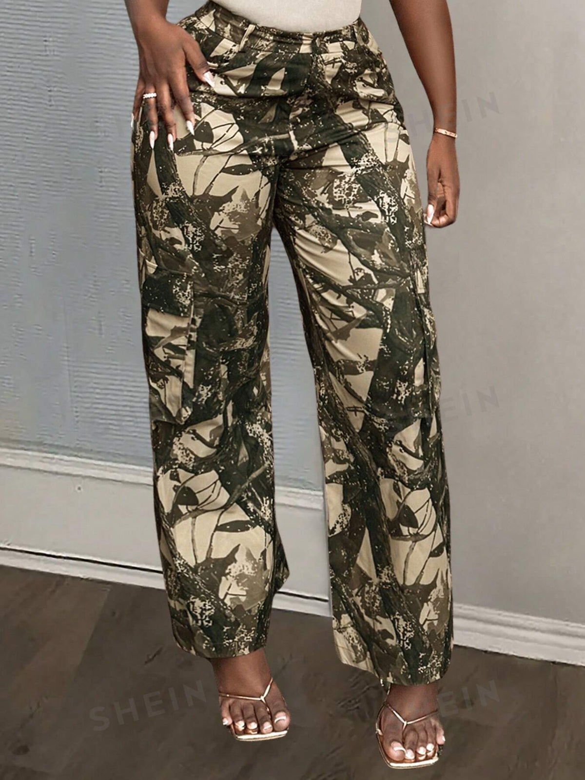 SHEIN Slayr Summer And Autumn Plant Branch Print Pattern Green Dark Green Straight Pants Women's Pants-Z