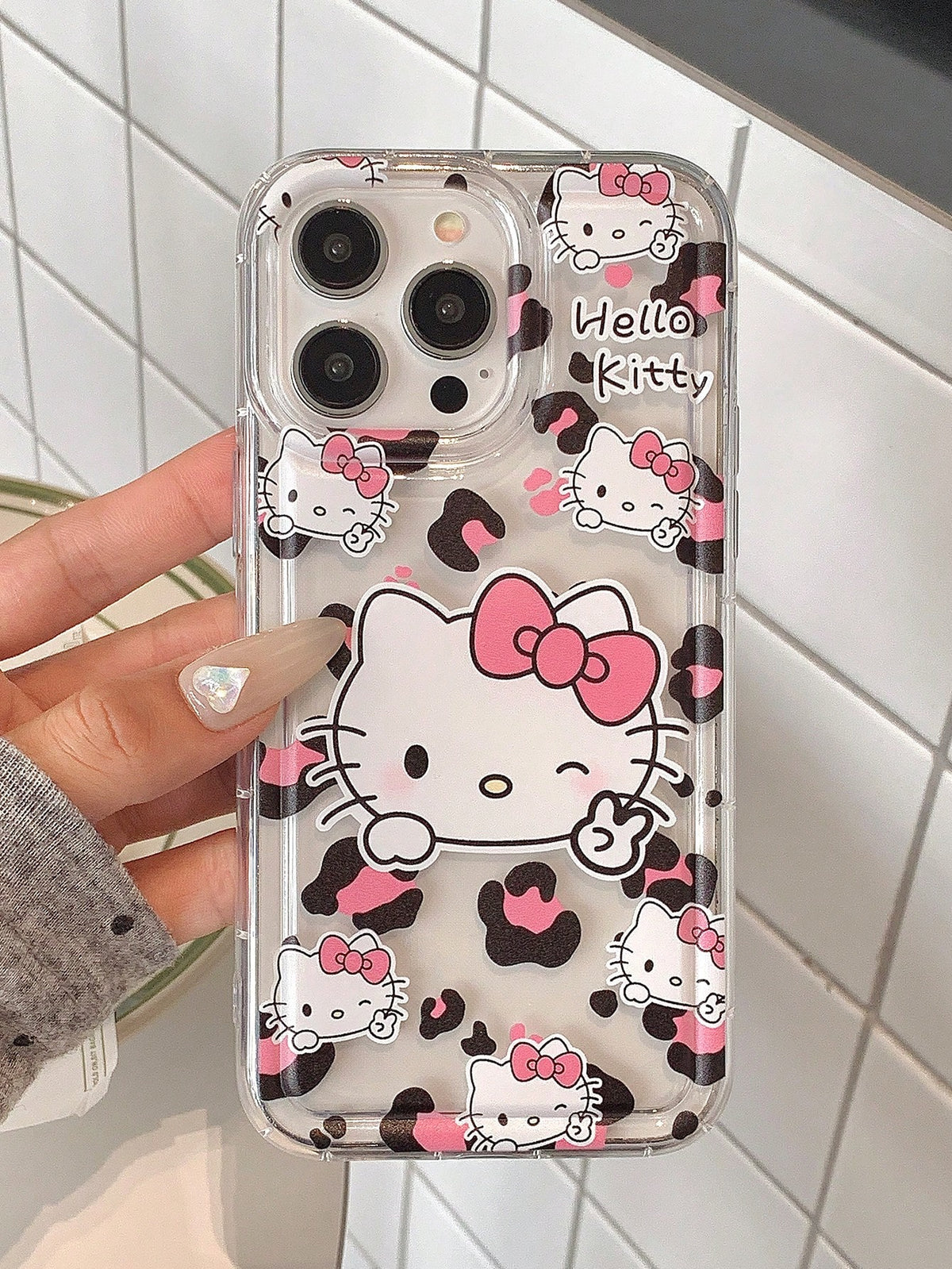 Miniso HelloKitty Leopard Print Transparent KT Cat Air Cushion Trending Drop-Proof Phone Case Compatible With Iphone