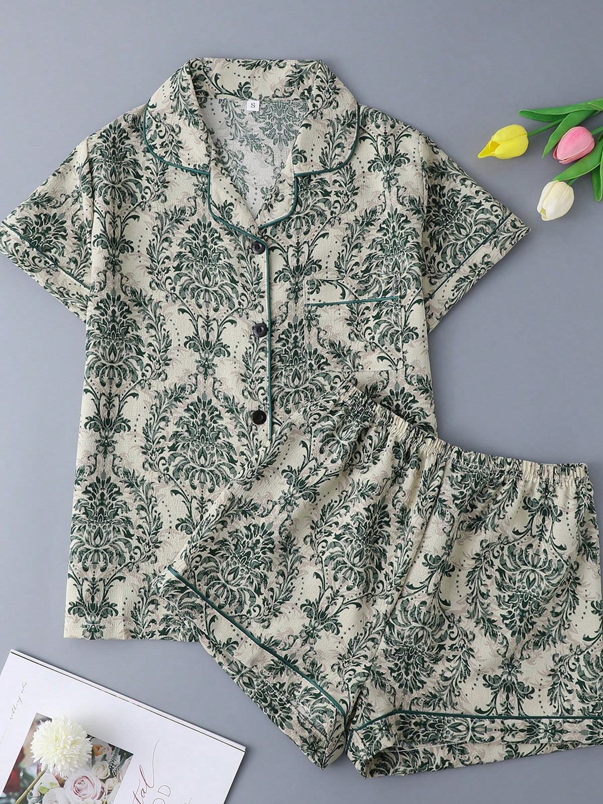 2pcs Vintage Print Women's Pajama Set, Elastic Waist Shorts And Collared Button Up Top Sleepwear