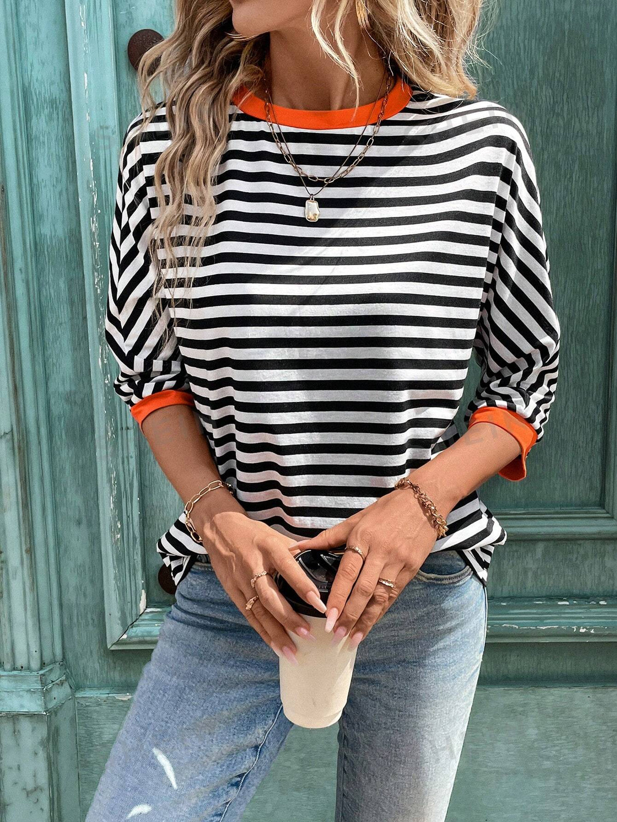 SHEIN LUNE Women Black & White Stripe Patchwork Orange Casual Street Sports Long Sleeve T-Shirt, Autumn