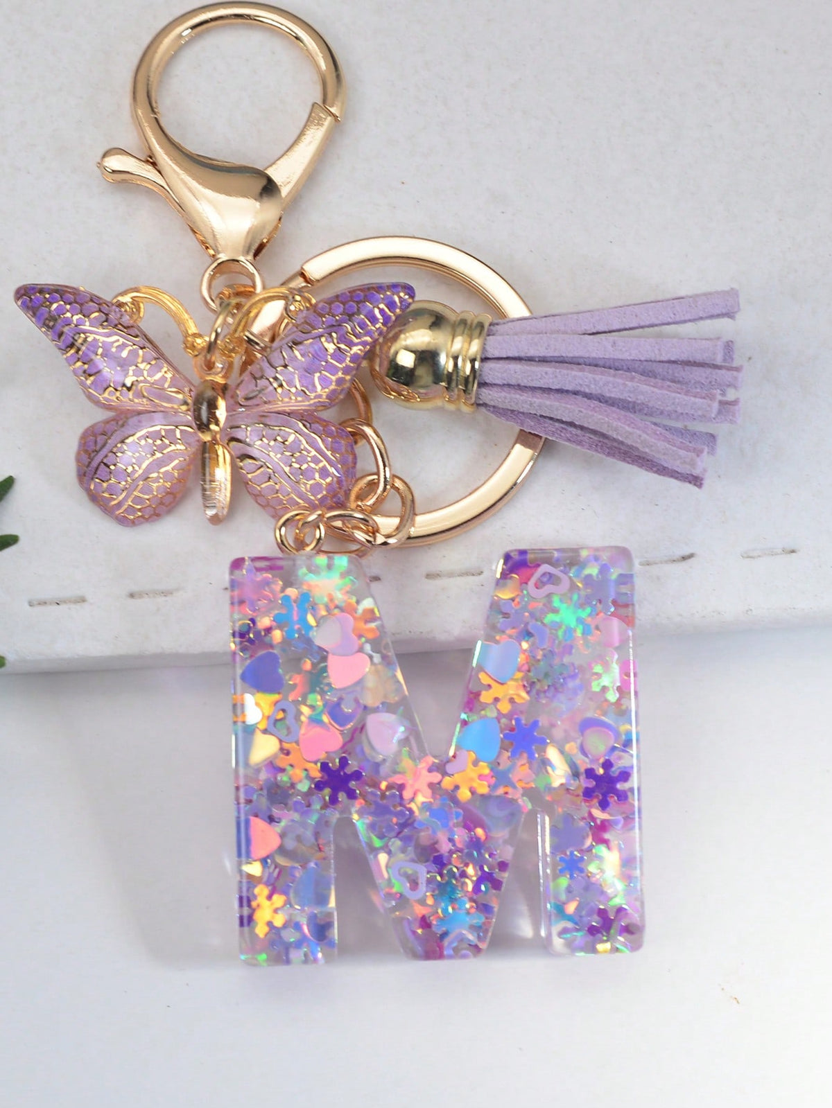 1pc Initial Letter Snowflake Resin Keychain, Butterfly & Tassel Decor Bag Charm Gift For Women