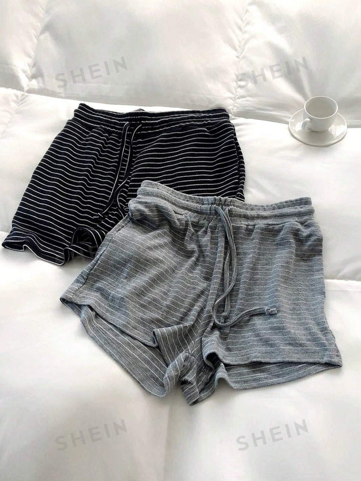 SHEIN EZwear 2pcs Set Casual Simple Striped Ladies Home Comfortable Striped Shorts, Summer