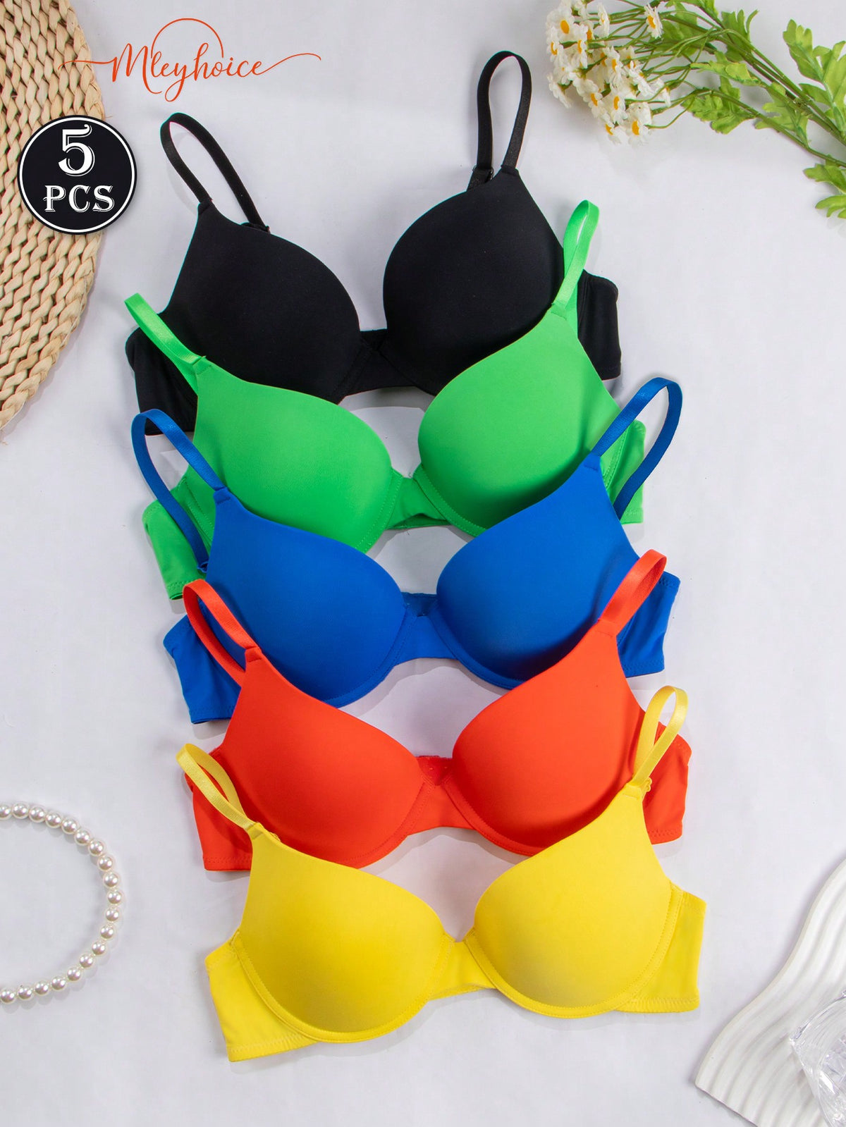 5pcs/Pack Women's Padded Cup Bra With Underwire Comfortable Everyday Bra (Summer), Lingerie