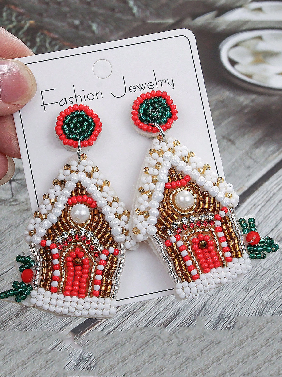 1Pair European & American Christmas House Bell, Snowman & Pearl Beaded Handmade Dangle Earrings, Personality Exaggerated Earrings Gift