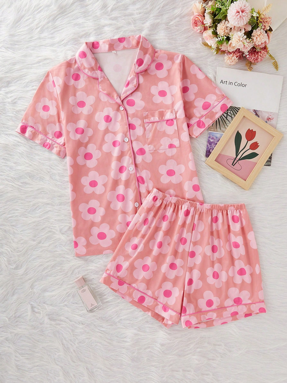 Women's Sunflower Print Collared Short Sleeve Top And Shorts Pajama Set, Summer