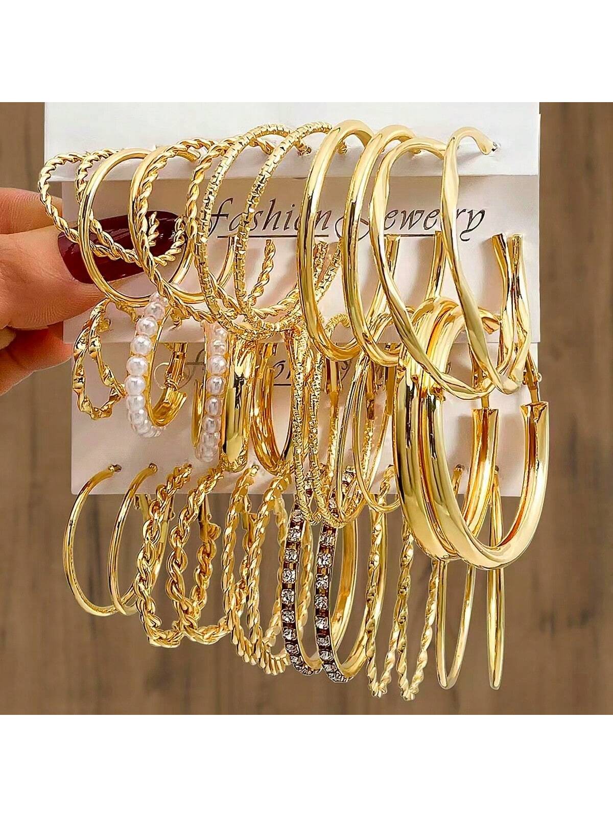 18 Pairs New European Style Fashion Metal Big Hoop Earrings Set With Rhinestone Decoration