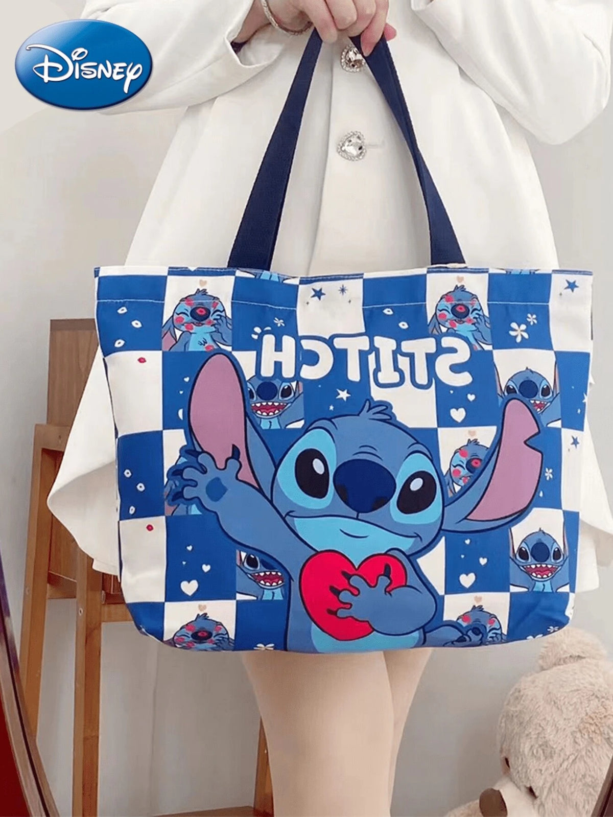 Disney Disney Officially Licensed 1PC Stitch Canvas Bag Large Capacity Grocery Shoulder Bag Party Dress Up Road Women Casual Tote Reusable Travel Work Beach Shopping Tote Gift For Cartoon Stitch Lover