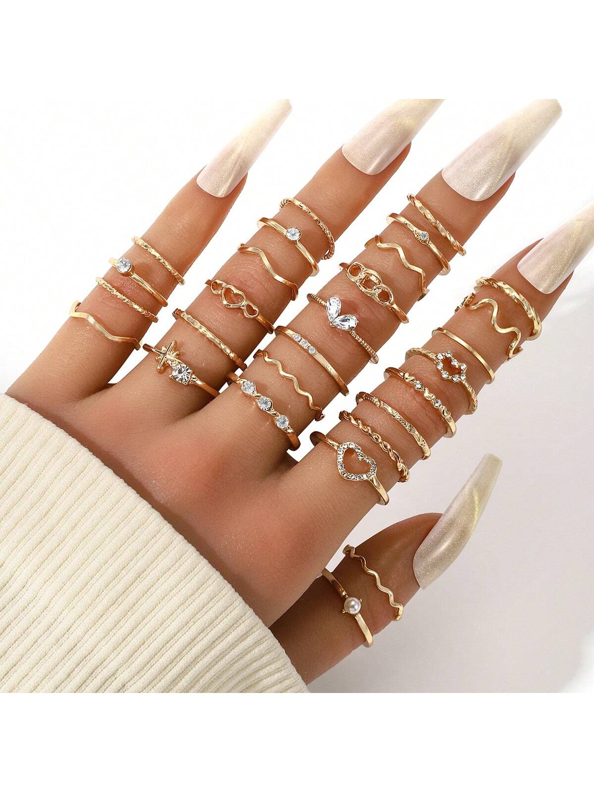 28pcs Y2K Vintage Style Zinc Alloy Stacking Rings Set For Women, Geometric Lines, Waves, Hearts, Crystal And Faux Pearl Combination Jewelry Gift Set