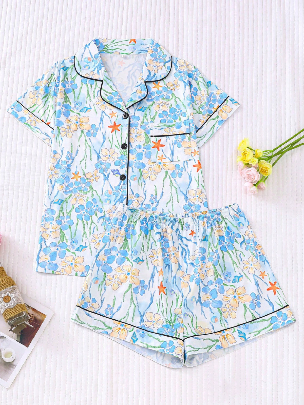 2pcs Set Women Coral Flower Seashell Print Pajama Set, Lapel Short Sleeve Top And Loose Shorts, Casual Sleepwear And Lounge Outfit