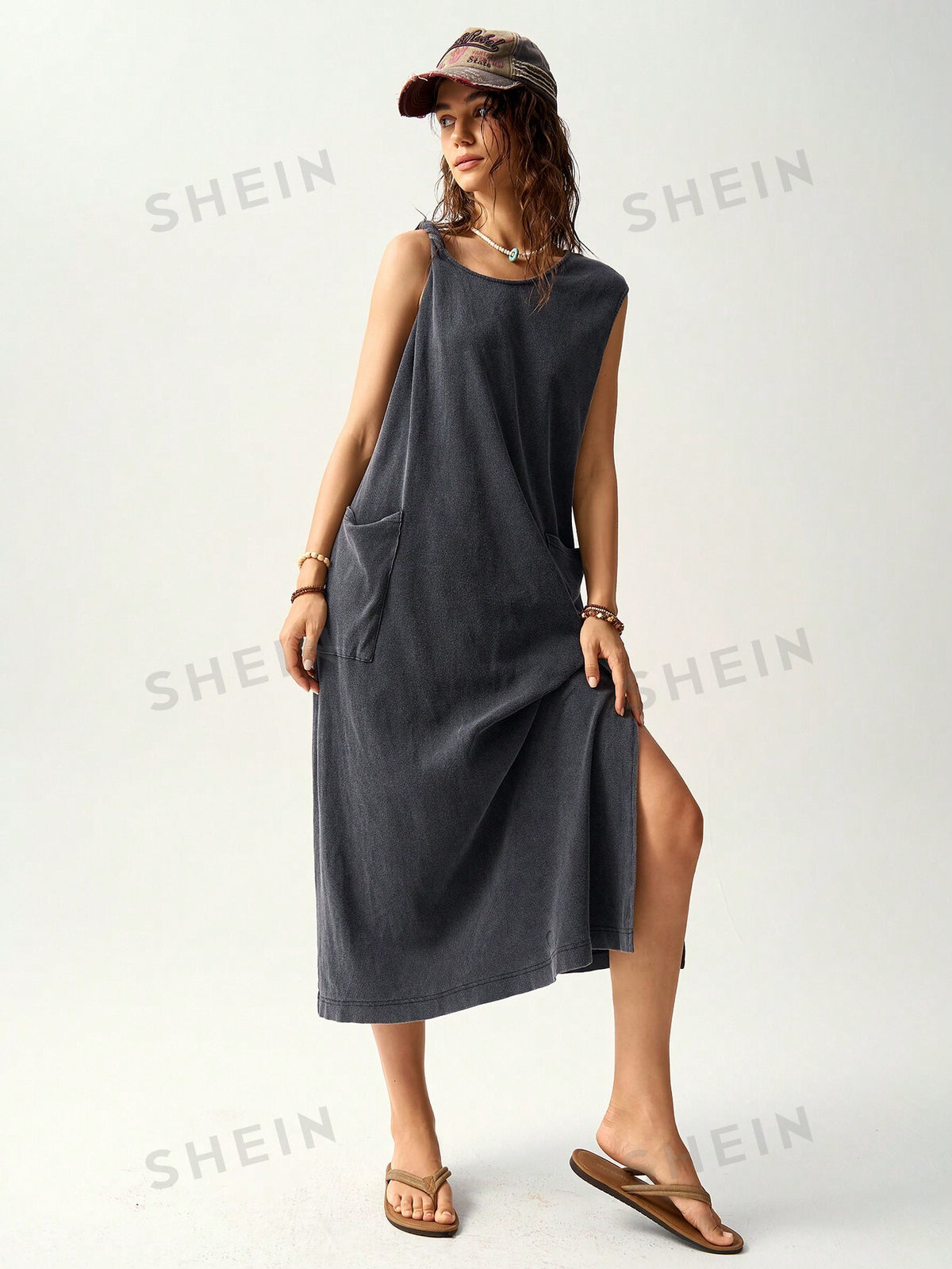 SHEIN BohoFeels Vacation Washed Asymmetrical Shoulder Strap Design Women's Dress