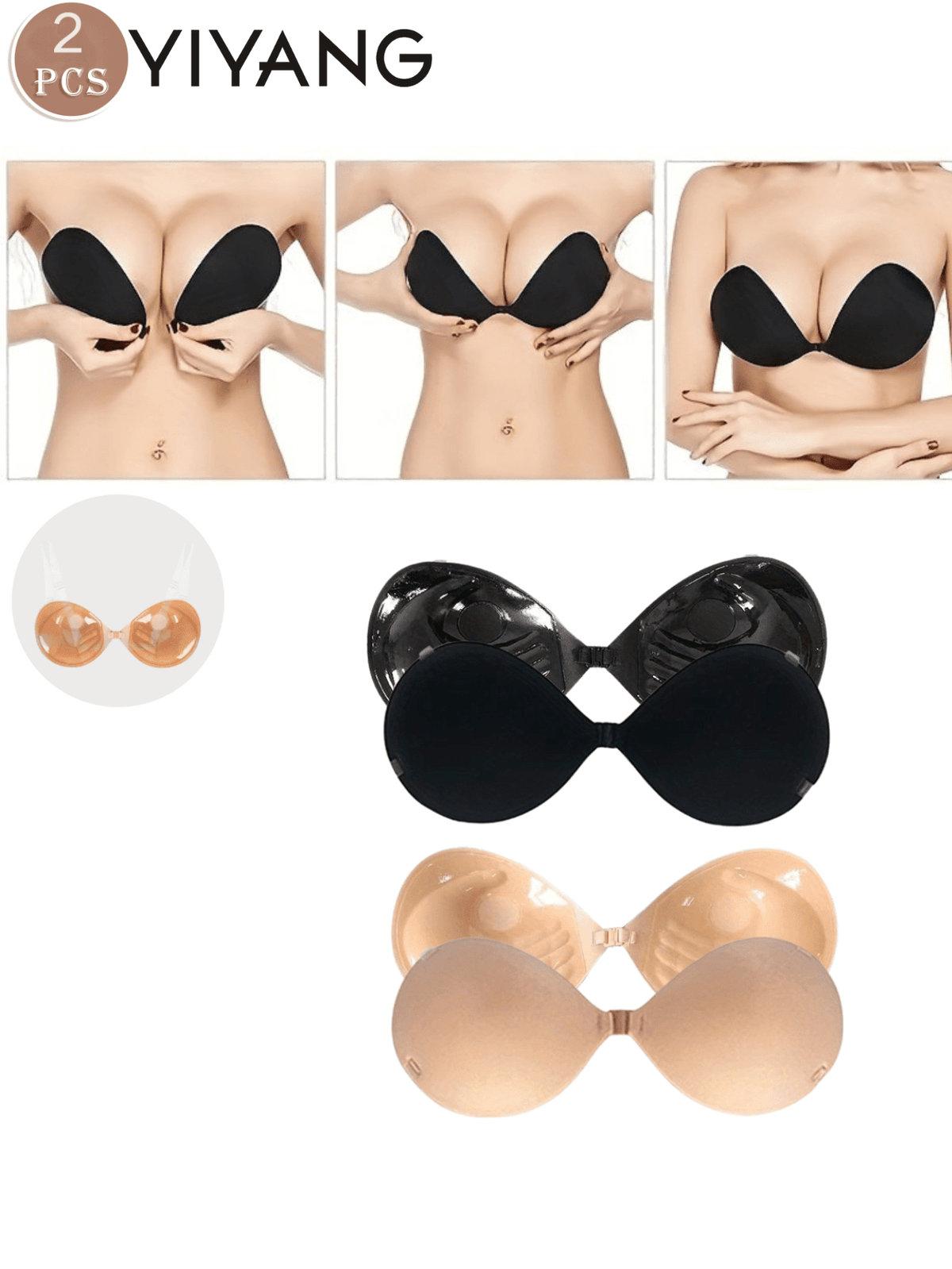 2 Round Wing Bras With Free Shoulder Straps, Push-Up Type, Extra Thick Sponge, Transparent Shoulder Straps - Comfortable And Safe - Suitable For All Occasions