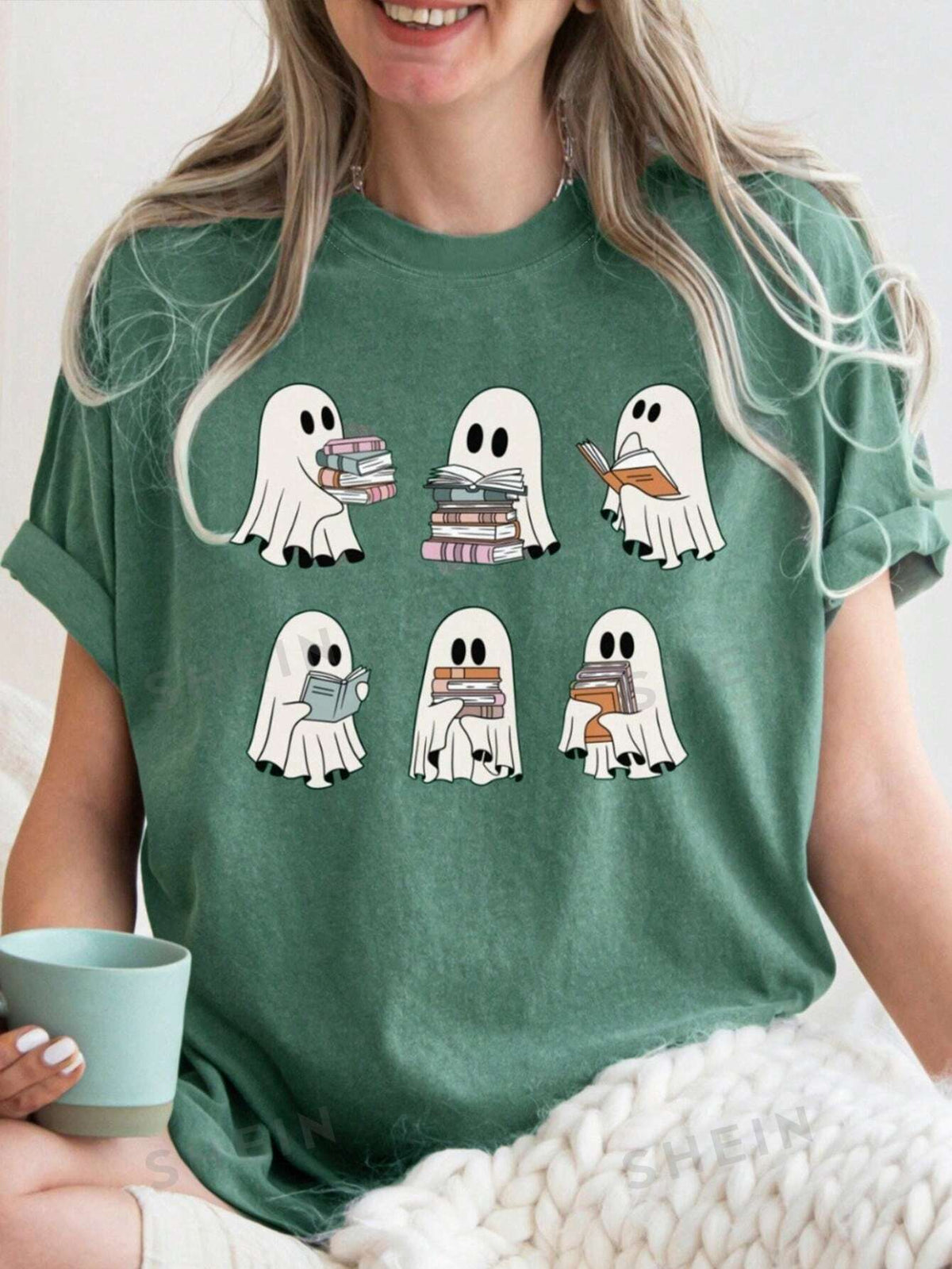 SHEIN LUNE Women's Ghost Print Simple Daily Round Neck Short Sleeve T-Shirt