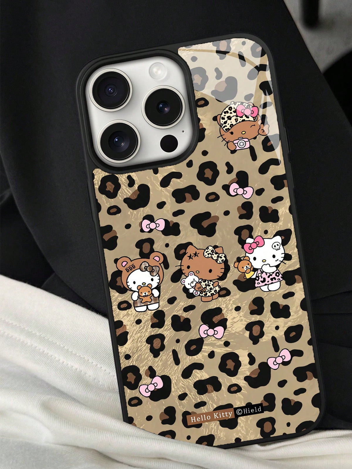 Miniso HelloKitty Leopard Print KT Cat Black Border Glass Protective Phone Case Suitable Compatible With Iphone